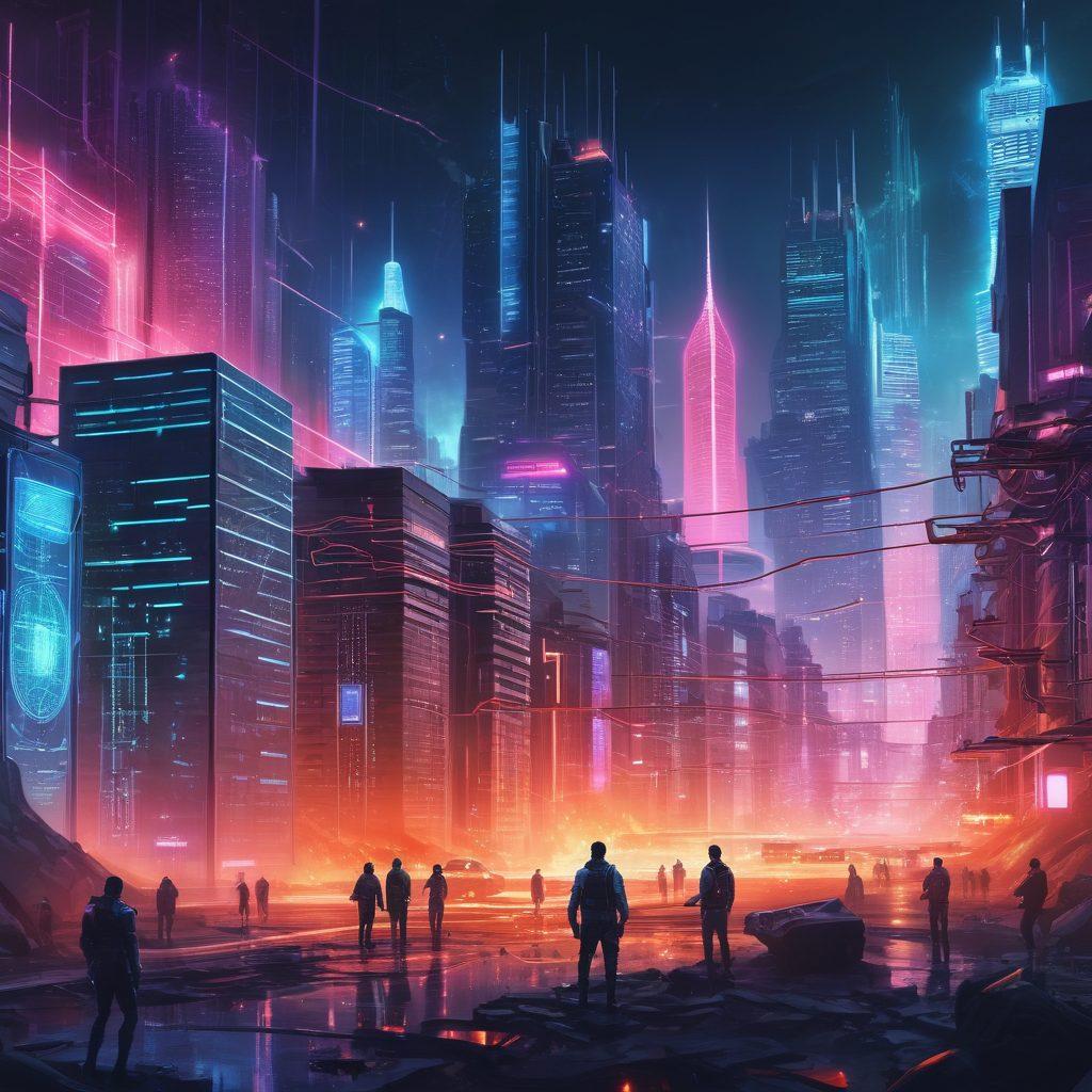 A dynamic illustration depicting a digital landscape where a diverse group of cybersecurity experts is navigating a maze of firewalls and data streams, with Capture the Flag challenges on one side and vulnerability assessment tools on the other. Incorporate elements like shields, locks, and binary codes, all set within a futuristic city backdrop. The scene should convey a sense of urgency and teamwork in the cyber defense field. cyberpunk. vibrant colors. 3D.