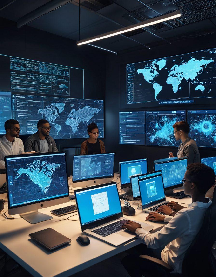 A modern tech workspace featuring a diverse group of individuals engaging in a hands-on cybersecurity training session. Laptops with code and cybersecurity graphics are open, while visual representations of digital locks and shields surround them. The atmosphere is vibrant and energetic, highlighting collaboration and innovation. In the background, a large screen shows a network map with root access prompts. super-realistic. vibrant colors. 3D.