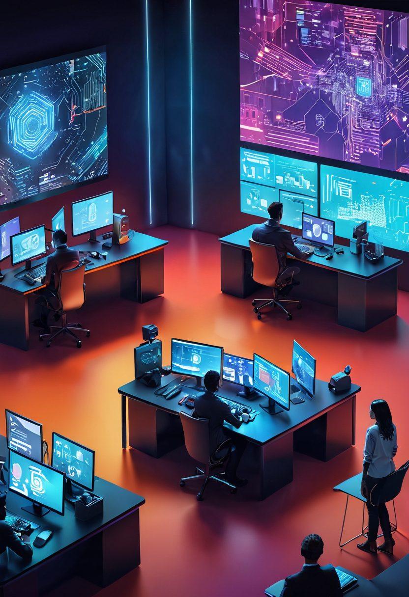 A dynamic illustration of a high-tech digital landscape, featuring diverse individuals engaged in a collaborative game-based learning environment focused on cybersecurity. Include elements like futuristic interfaces, code streams, and teamwork in action. Visualize vibrant energy and excitement, highlighting the importance of collaboration in IT security. super-realistic. vibrant colors. 3D.